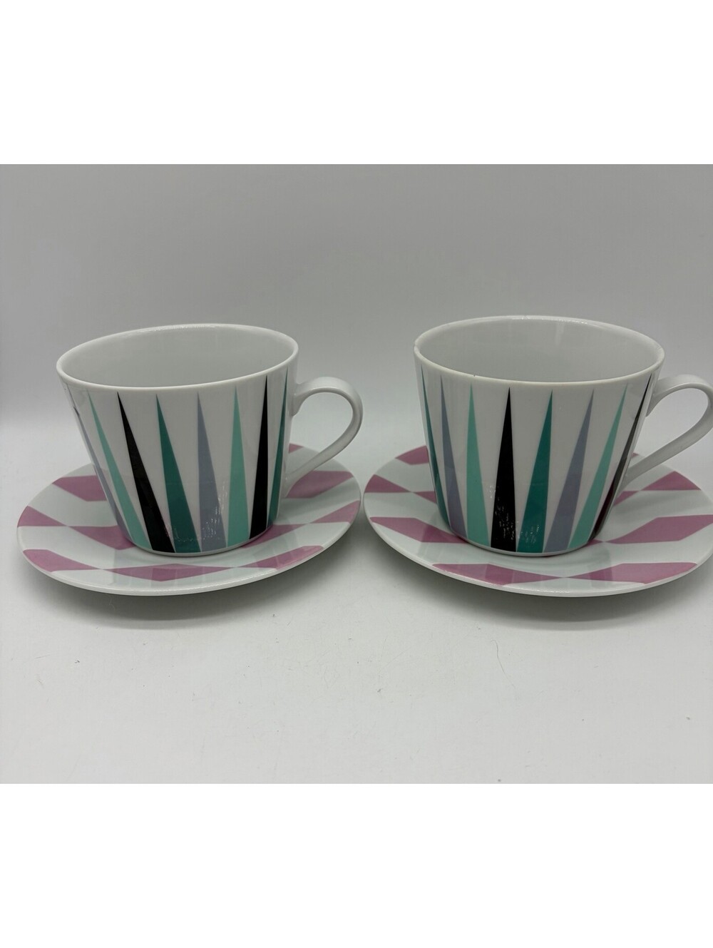 IKEA Brakig 12 oz Porcelain Mugs Set 2 Navy Gray Teal Triangles W Pink Saucers